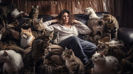 Unkempt Lonely Woman Sitting in a Dirty Room Surrounded by Cats - obrazy, fototapety, plakaty