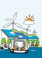 自動運転車や自然エネルギーの活用による脱炭素社会・カーボンニュートラル実現のイメージイラスト