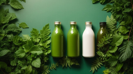 top view, mockup of detox juice bottles on a natural green background with plants, high quality image - obrazy, fototapety, plakaty