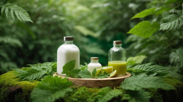 mockup of detox juice bottles on a natural green background with plants, wooden podium in the forest high quality image