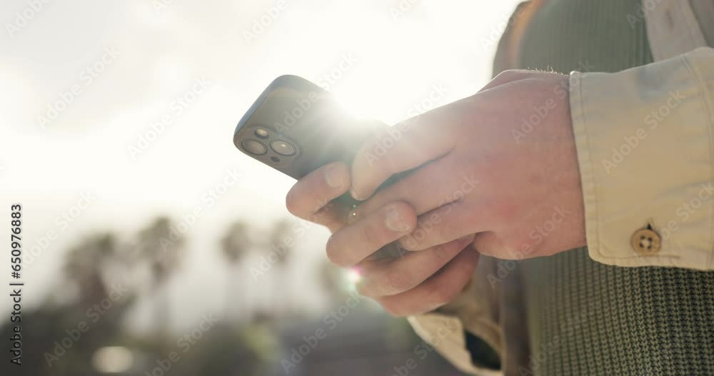 Poster phone, hands and outdoor person typing, scroll and search web, internet and website research for soc