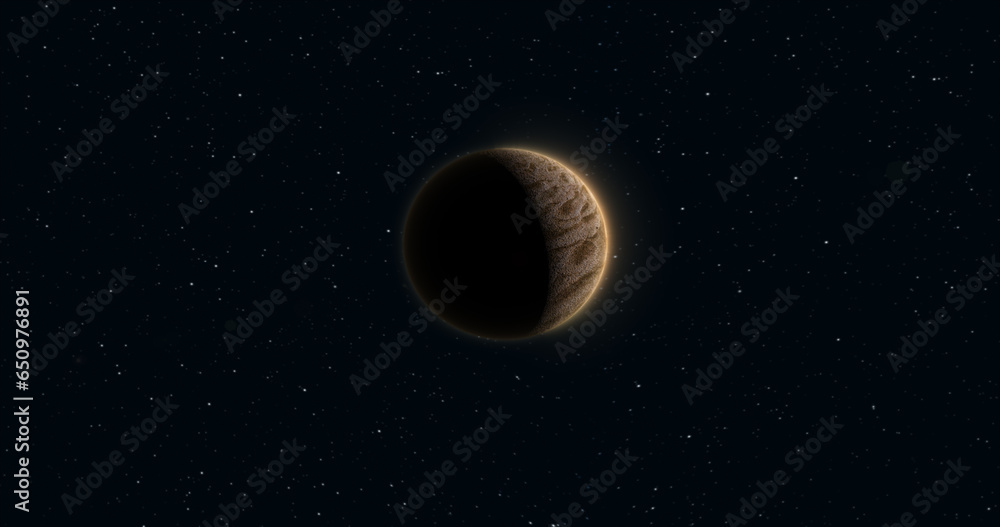 Poster abstract realistic space planet round sphere with a stone relief surface in space against the backgr