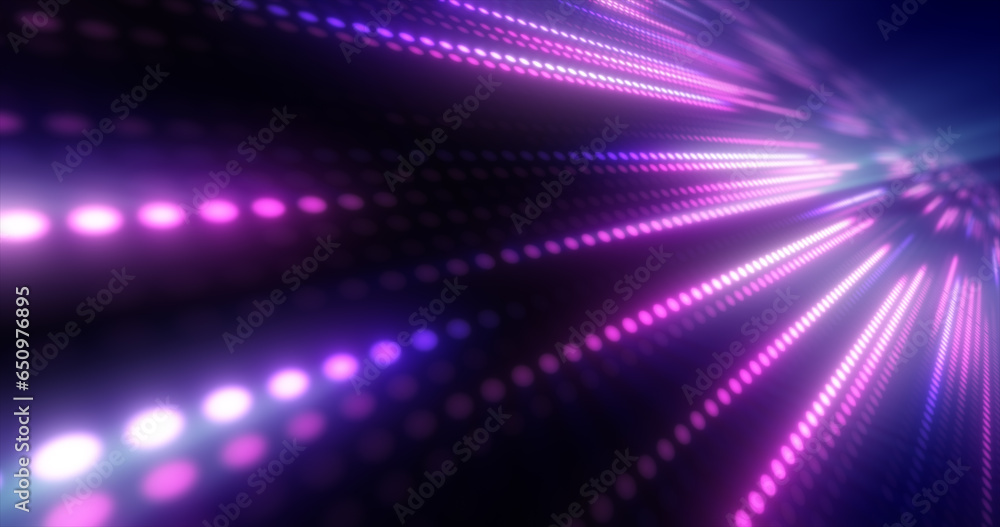 Poster abstract bright purple background pattern of flying lines of dots and glowing circles of futuristic 