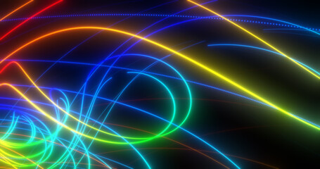 Abstract multi-colored rainbow neon energy laser lines flying on a black background