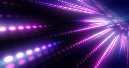 Abstract bright purple background pattern of flying lines of dots and glowing circles of futuristic digital energy magical bright particles