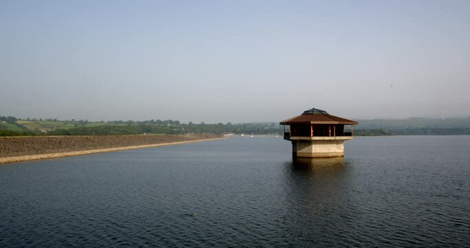 Carsington Water with the Water Valve Tower, Draw Off Tower and the dam to the left