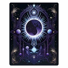 elegant lines art sticker black tarot card beautiful moon surrounded by big crystals and stars purple blue white magical symbols symmetrical design symmetry illustration vector 
