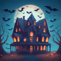 spooky halloween house with bats flying over