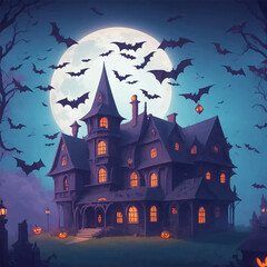 Fototapeta na wymiar spooky halloween house with bats flying over