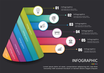 Vector infographic on a gray-black background, modern style, featuring ribbons stacked together in a cone shape with 6-step directions,6 methods for presentations in education, finance and administer.