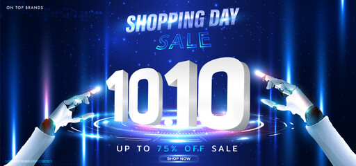 10.10 Shopping Day Sale on Futuristic Technology Poster or Banner. 3d futuristic neon gadget sale ad template. 10 October sales banner template for social media, website. Digital online. Vector EPS10.