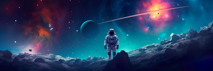 space exploration scene with a gradient background of cosmic colors,
