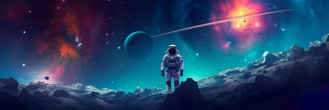 space exploration scene with a gradient background of cosmic colors,