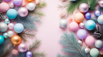 Fototapeta na wymiar Christmas composition. Frame made of Christmas tree branch, colorful balls decorations on pastel pink background. Flat lay. Top view with copy space. Winter holiday background.