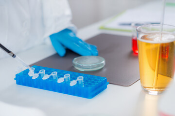 Quality control expert carefully examines beer samples in a modern laboratory