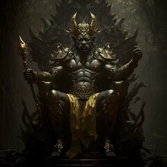 Hyperdetailed blackened Forest Asura Demon King sitting on throne of amazonian jungle in golden armour dim cinematic lighting darkened hues Chaotic abstraction and evil atmosphere 