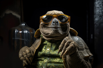giant galapagos tortoiseTake sunglasses on dark background