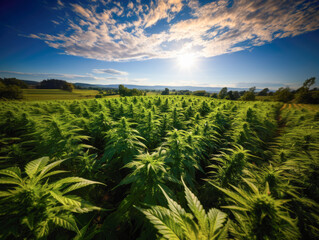 From above, a picturesque CBD hemp field is seen, emphasizing the cultivation of medicinal and recreational marijuana plants.
