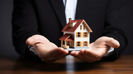 Close up of businessman holding model house offering to his client, insurance salesman handing over the model home to client after signing sale, investment or Home insurance concept