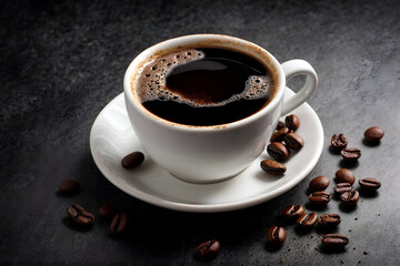 Obraz na płótnie Canvas cup of coffee with beans on dark background