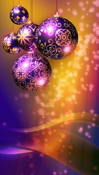 Christmas background loop with copy space. Vertical video.  Decorations and snowflakes. Purple and gold.