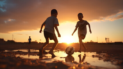 Boys playing soccer football on sandy field at sunset