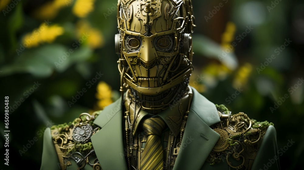 Poster green eco-friendly high-tech futuristic computer robot in connection with nature. the concept is an 