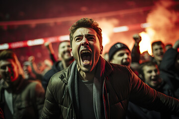 Fototapeta na wymiar Euphoria Unleashed Enthusiastic Sports Fans Cheering and Celebrating at a Live Stadium Match. created with Generative AI