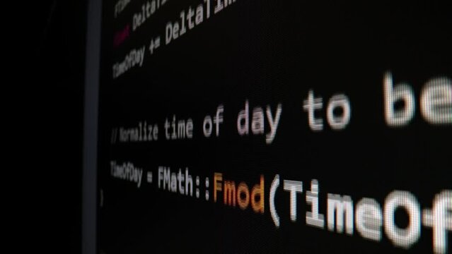 Closeup macro shot movement of coding script moving across LED screen with real-time AI-generated typing, showcasing advanced AI learning in optimization, debug and coding for software development.
