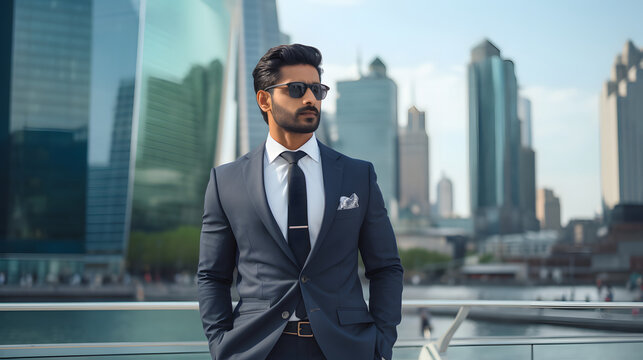 Portrait of a confident businessman in an elegant suit posing with hand in pocket against skyscraper background.
