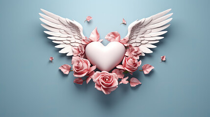 Whimsical winged heart surrounded by delicate roses, floating petals on a tranquil blue setting