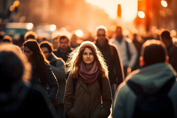 Young woman standing in middle of crowd of people walking in sunset against golden light in downtown district in city - Powered by Adobe