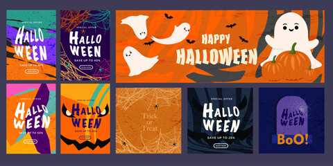 Happy Halloween Set. Abstract Art for Party, Festival, Email, Social Media. Background Sale with Graphic Memphis Stripes, Spiderweb, Ghosts, Spider for Advertising, Web, Poster, Banner, Cover. 