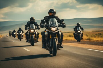 A gathering of motorcyclists riding together. A group of bikers ride fast motorcycles on an empty road against a beautiful cloudy sky. Sport bikes are fast, and fun to ride. - obrazy, fototapety, plakaty