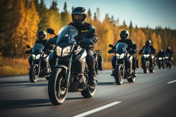 A gathering of motorcyclists riding together. A group of bikers ride fast motorcycles on an empty road against a beautiful cloudy sky. Sport bikes are fast, and fun to ride.