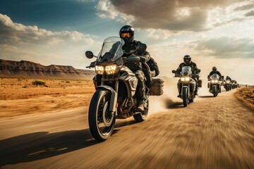 A gathering of motorcyclists riding together. A group of bikers ride fast motorcycles on an empty road against a beautiful cloudy sky. Sport bikes are fast, and fun to ride.