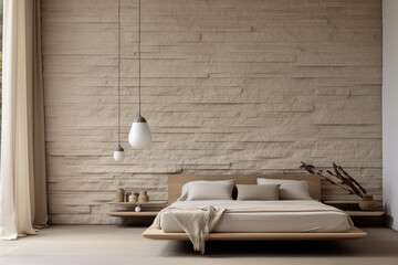 Trendy minimalistic japandi modern interior bedroom in beige tones.	
