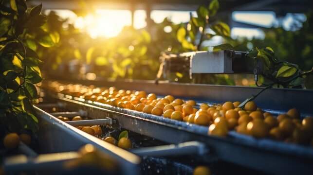 Work on the orange sorting line in an agricultural processing factory. holding a pile of ripe mandarin oranges
