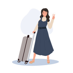 Travel woman with Carry On Luggage. Tourist with Carry On Baggage.