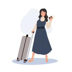 Vacation concept. Traveling Woman with Luggage, Passport, and Boarding Pass.