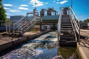 Stairs leading up to a water source at a wastewater treatment plant