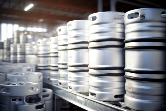 metal beer kegs, finished goods warehouse of the brewery