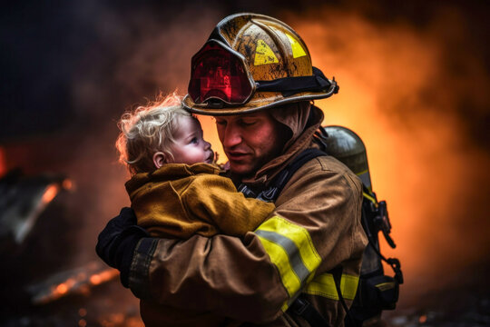 Photo of a firefighter heroically rescuing a child from a dangerous situation
