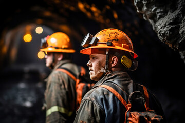 Fototapeta premium group mining workers walks through tunnel coal mine