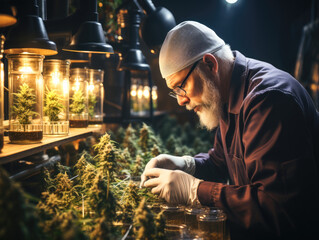 In a curative indoor cannabis farm, a closeup shot captures the flourishing cannabis plant. Meanwhile, a scientist conducts cannabis research by inspecting CBD - obrazy, fototapety, plakaty