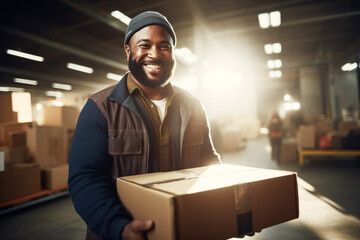 Photo of a man holding a box in a warehouse - 650983060