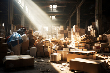 Photo of a warehouse filled with boxes and crates - obrazy, fototapety, plakaty