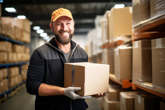 Photo of a man holding a box in a warehouse
