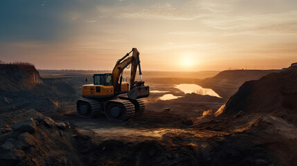 Obraz premium Bathed in the warm hues of the setting sun, an excavator in action at a coal open pit epitomizes the union of recycling and the coal mining industry, showcasing