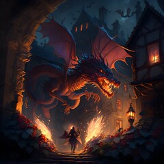 dragon made of light and fire racing thru an ancient village running towards villagers holding cages to catch the dragon while the princess sleeps on a bed made of flowers  - obrazy, fototapety, plakaty